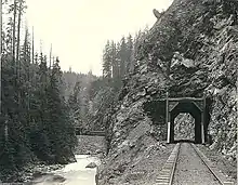 Passenger train and tracks of the Everett and Monte Cristo Railroad, Washington, ca. 1894.