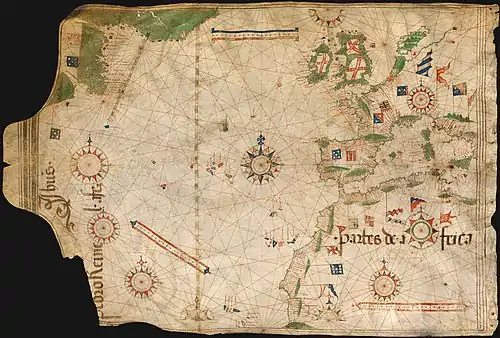 Image 23Nautical chart by Pedro Reinel (c. 1504), one of the first based on astronomical observations and to depict a scale of latitudes. (from History of cartography)