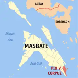 Map of Masbate with Pio V. Corpus highlighted