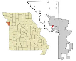 Location of Weatherby Lake, Missouri