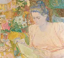 Impressionist painting of a young woman reading a book