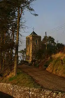 The Roberton church and graveyard from the street below