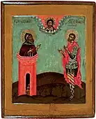 Преподобный Симеон Столпник и мученик Иоанн Воин (Prepodobnij Simeon Stolpnik i muchenik Ioann Voin); from the Simeon Stolpnik church in Yaroslavl; late-17th century – early 18th century; on wood, tempera; 31.5×27; Yaroslavl Art Museum, Yaroslavl, Russia; Инв. И-501; Restoration in 2005 by А. Н. Klyachina