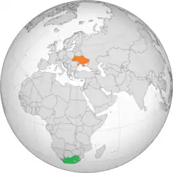 Map indicating locations of South Africa and Ukraine