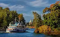 Saint Nicholas Skete on island Valaam on Ladoga lake  and little ship.