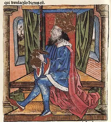 Chronica Hungarorum, Thuróczy chronicle,King Ladislaus IV of Hungary, throne, crown, orb, scepter, medieval, Hungarian chronicle, book, illustration, history
