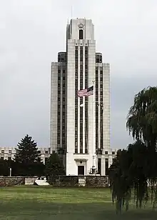 Bethesda Naval Hospital Tower, also known as Building 1, in Bethesda, Maryland (1939–42). President Franklin D. Roosevelt picked the location and drew a rough plan and sketches for this building.