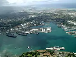 An aerial view of ships moored at Pearl Harbor during Rim of the Pacific (RIMPAC) Exercise 2004.