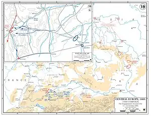 Map with scattered lines showing the westward advance of the French army.