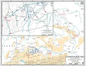Map with blue scattered lines showing the advance of the French army to the rear of the Austrians, whose actions are shown with red scattered lines.
