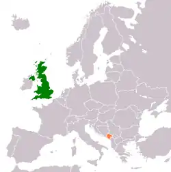 Map indicating locations of United Kingdom and Montenegro