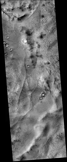 Lau Crater, as seen by CTX camera (on Mars Reconnaissance Orbiter).  Curved ridges are probably eskers which formed under glaciers.