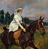 Painting of a woman dressed in a boater hat and long riding coat astride a horse.
