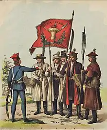 Painting Kościuszko's Polish Army in 1794 by Walery Eljasz Radzikowski depicting scythemen officer, 3 scythemens, pikemen and standard-bearer with banner of the regiment.