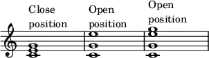 {
\override Score.TimeSignature
#'stencil = ##f
\override Score.SpacingSpanner.strict-note-spacing = ##t
\set Score.proportionalNotationDuration = #(ly:make-moment 1/4)
\time 4/4
\set Staff.midiInstrument = #"vibraphone"
\relative c' {
<c e g>1^\markup { \column { "Close" "position" } }
<c g' e'>^\markup { \column { "Open" "position" } }
<c g' e' g>^\markup { \column { "Open" "position" } }
}
}