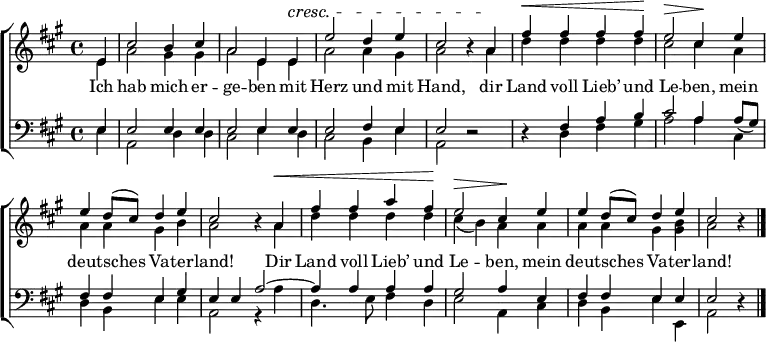 \header { tagline = ##f }
\layout { indent = 0 \context { \Score \remove "Bar_number_engraver" } }
global = { \key a \major \time 4/4 \partial 4 }
soprano = \relative c'' { \global
e,4 | cis'2 b4 cis | a2 e4 e^\cresc | e'2 d4 e | cis2 r4
a\! | fis'^\< fis fis fis\! | e2^\> cis4\! e | e d8 (cis) d4 e | cis2 r4
a^\< | fis' fis a fis\! | e2^\> cis4\! e | e d8 (cis) d4 e cis2 r4 \bar "|."
}
alto = \relative c' { \global
e4 | a2 gis4 gis | a2 e4 e | a2 a4 gis | a2 r4
a | d d d d | cis2 cis4 a | a a gis b | a2 r4
a | d d d d | cis (b) a a | a a gis <gis b> | a2 r4 \bar "|."
}
tenor = \relative c { \global
e4 | e2 e4 e | e2 e4 e | e2 fis4 e | e2 r2 |
r4 fis a b | cis2 a4 \slurDown a8 (gis) | fis4 fis e gis | e
e a2~ | a4 a a a | gis2 a4 e | fis fis e e | e2 r4 \bar "|."
}
bass = \relative c { \global
e4 | a,2 d4 d | cis2 e4 d | cis2 b4 e4 | a,2 r2 |
r4 d fis gis | a2 a4 cis, | d b e e | a,2 r4
a' | d,4. e8 fis4 d | e2 a,4 cis | d b e e, | a2 r4 \bar "|."
}
verse = \lyricmode {
Ich hab mich er -- ge -- ben
mit Herz und mit Hand,
dir Land voll Lieb’ und Le -- ben,
mein deut -- sches Va -- ter -- land!
Dir Land voll Lieb’ und Le -- ben,
mein deut -- sches Va -- ter -- land!
}
\score {
\new ChoirStaff <<
\new Staff \with { midiInstrument = "brass section" \consists "Merge_rests_engraver" }
<<
\new Voice = "soprano" { \voiceOne \soprano }
\new Voice = "alto" { \voiceTwo \alto }
>>
\new Lyrics \with { \override VerticalAxisGroup #'staff-affinity = #CENTER }
\lyricsto "soprano" \verse
\new Staff \with { midiInstrument = "brass section" \consists "Merge_rests_engraver" }
<<
\clef bass
\new Voice = "tenor" { \voiceOne \tenor }
\new Voice = "bass" { \voiceTwo \bass }
>>
>>
\layout { }
\midi {
\tempo 4=108
}
}