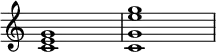 {
\override Score.TimeSignature
#'stencil = ##f
\override Score.SpacingSpanner.strict-note-spacing = ##t
\set Score.proportionalNotationDuration = #(ly:make-moment 1/4)
\time 4/4
\relative c' {
<c e g>1 <c g' e' g>
}
}